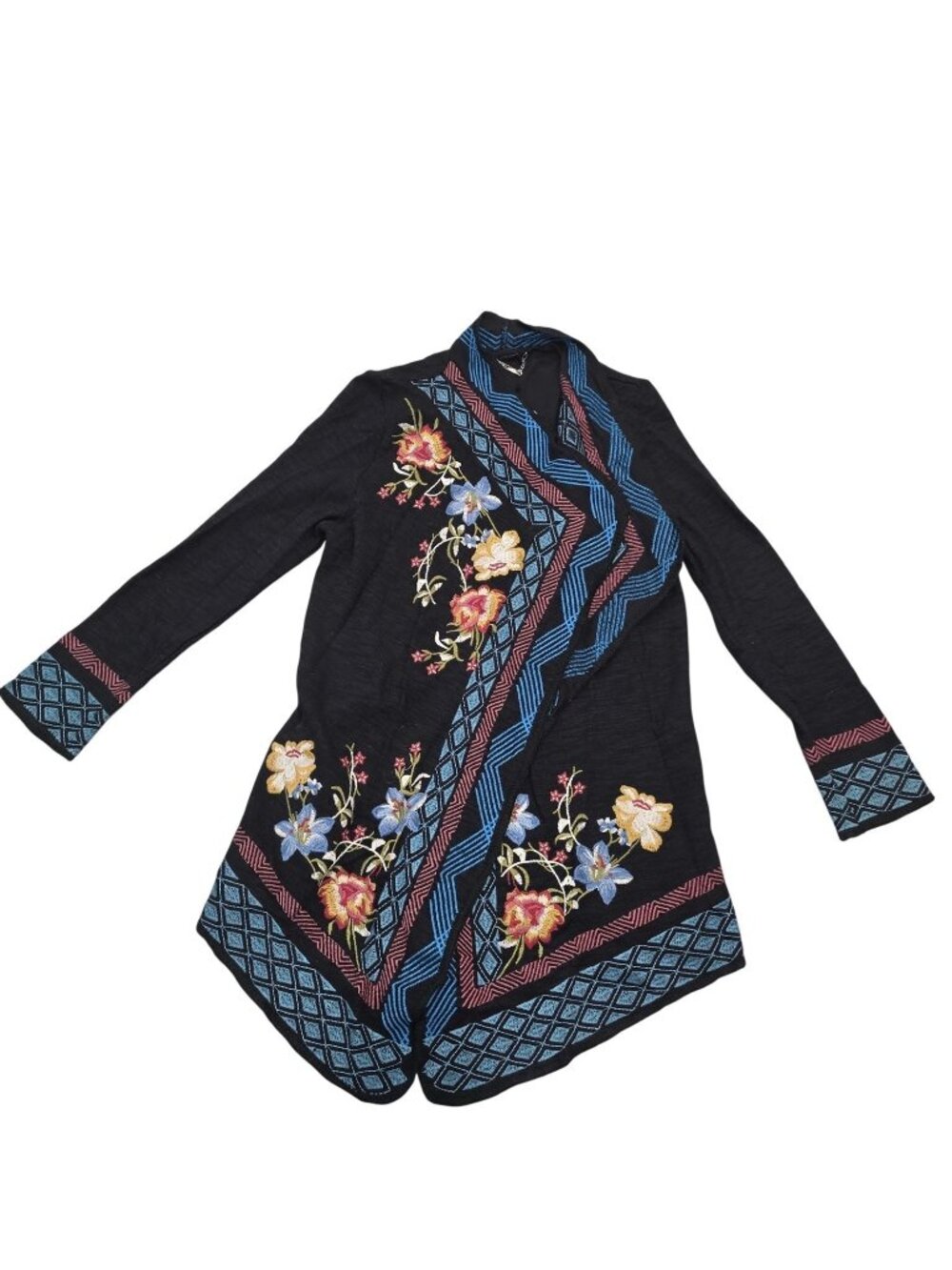 Paparazzi NWT Embroidered Open-Front Black Cardigan With Floral Accent Tribal SM
